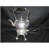 Image 1 : Silverplated embossed hot water kettle on stand w/alcohol burner & black wooden handles 7" diameter 
