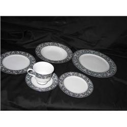 8 6-piece place setting of fine porcelain in white w/charcoal & band etched in platnium - pattern is