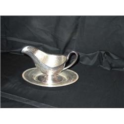 Antique - hammered nickel silver footed gravy boat w/tray - tray is 7.75" x 5" - # on tray & boat is