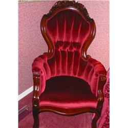 Gentleman's Victorian Chair in solid mahogany w/handcarved roses in burgundy velvet 26" wide x 32" d
