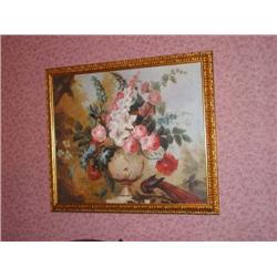 Canvas transfer - floral picture w/peacock in gilt frame 26" x 30.5"