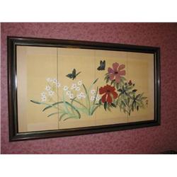 Japanese Silk Screen - Butterflies & Flowers in a walnut frame 35" x 20"