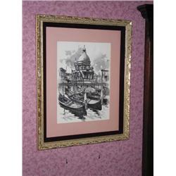 Black & white water color of church in Venice w/gondolas matted in rose & burgundy velvet in a gilt 