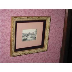 Pen & ink picture of the bridge over the Grand Canalin Venice matted in rose w/burgundy velvet liner