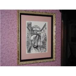 Black & white water color of the Bridge of Sighs in Venice matted in pink w/burgundy liner in a gilt