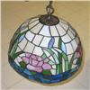 Image 1 : Dale Tiffany hanging lamp shade in rose pattern w/blue & green trim & bronze metal cap - 16.5"diamet