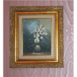 Signed original floral oil in gilded frame 16" x 14" (Blue)