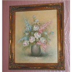 Signed original floral oil painting in museum frame 29.5" x 25.5" - signed by B. Field