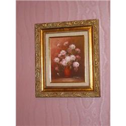 Signed original floral oil painting in gilded frame 16" x 14" (Pink)