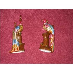 Pair of hand painted Chinese peacocks - male & female - in jeweltone colors outlined in gold -11.5" 