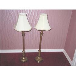 2 Buffet lamps in gold tone resin w/ivory silk shades trimmed in braid - 31" tall x 10" diameter sha