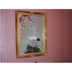 Japanese oil on canvas painting in a gilded museum frame 30.75" x 43" - Signed oil painting w/Japane