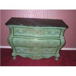 Hand painted 3-drawer Bombe, Serpentine chest w/cabriole legs & a faux painted marble top in green
