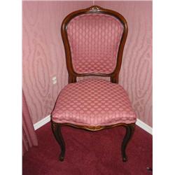French style side chair in walnut w/carved cabriole legs & mauve woven plaid covering 19" x 18" x 37