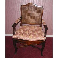 2 cane back & bottom French arm chairs finished in walnut w/arm pads & seat cushion in Italian matil