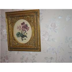 Mauve flower print in gold baroque resin frame 14" x16"