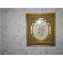 Fushia & yellow flower print in gold baroque resin frame 14" x 16"