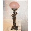 Image 1 : Art neuveau lamp finished in bronze w/pink glass etched bubble shade 20" x 6" diameter - switch inli
