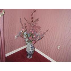 Chinese vase in white crackle blue & gold finish 14"x 7" diameter - flowers are eucalyptus, silk ros