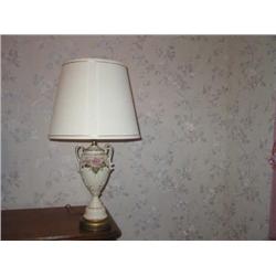 2 Antique ivory porcelain urn lamps w/handles trimmed w/appliqued porcelain roses & leaves & gold le