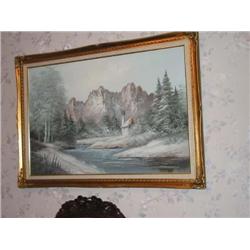 Original Oil on canvas painting Bavarian Church in Winter signed by Hoston - gilt frame 29" x 41"
