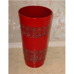 Red ceramic umbrella container decorated w/red & green Spanish crosses 10" diameter x 19" tall