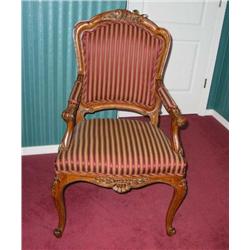 2 Louis XV Style arm chair in hand carved fruit wood (hand made) upholstered in dark red & gold 21" 
