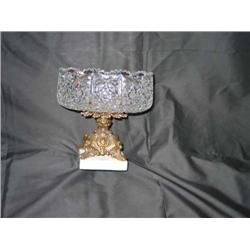 Full lead heavy cut crystal compote on a baroque brass & white marble base 8" diameter x 8.5" tall