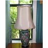 Image 1 : 2 Chinese porcelain lamps in emerald green w/pink & cream peonies on a wooden base w/ivory silk shad