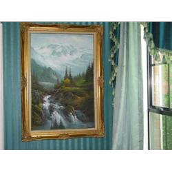 Original oil on canvas painting of the Grand Tetons signed Williams in museum frame - 42.5" x 30.5"