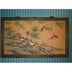 Chinese screen hand painted on silk of pheasants & birds of paradise w/bamboo w/hangers 34.5" x 59"
