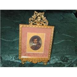 Reproduction print matted in pink brocade & gold foil of Count Androssi in a frame of gilded wood on