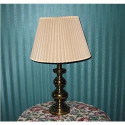 Solid brass lamp by Stieffel w/pleaded linen shade 26.5" x 16" diameter shade