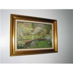 Canvas transfer of apple blossoms in wooden gilded frame 34" x 25"