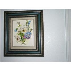 3 dimensional paper picture of pansies in a blue & gray wooden frame 17" x 15"