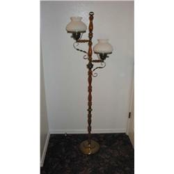 Early American hard rock maple floor lamp w/colonial white glass globes & brass supports - 64" tall 