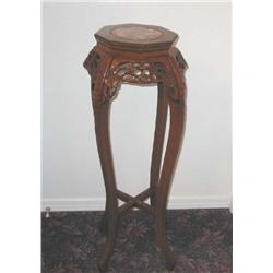 2 Chinese plant stands in hand carved shishum wood w/marble inserts on top - top is octogan shaped 1