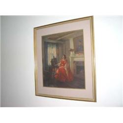 Print of a girl in an orange dress matted in cream in a gilded wooden frame w/nonglare glass 36" x 3