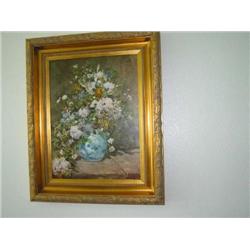 Canvas transfer of flowers in a blue vase by Renoirin a gilded wooden frame 33" x 26"