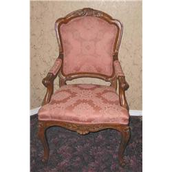 2 Louis XV Style arm chairs in hand carved fruitwood (hand made) upholstered in rose Damask 21" x 24