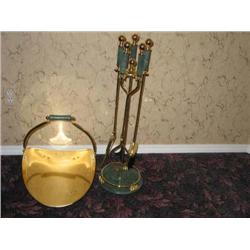 7-piece brass & green marble fireplace set