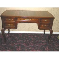 4-drawer French desk in fruitwood w/gold tooled top cabriole legs & finished back by Sligh 47" x 24"