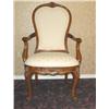 Image 1 : 2 French style arm chairs w/carved decoration in fruitwood w/cabriole legs upholstered in cream shel
