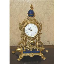 Italian baroque mantel clock in bright brass & cobalt enamel - base is 10" - clock is 15" tall - clo