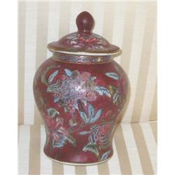 Burgundy & blue porcelain temple jar - 10.5" x 7"