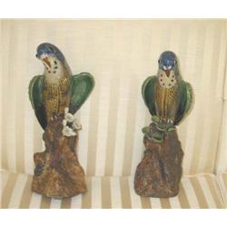 Pair of hand painted ceramic parrots in blue & green w/appliqued flowers & leaves - 12" x 6"