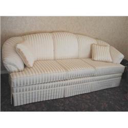 Raymond sofa in ivory satin stripped covering & two pillows w/ivory fringe - 89" x 36" x 34" - 3 cus