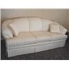 Image 1 : Raymond sofa in ivory satin stripped covering & two pillows w/ivory fringe - 89" x 36" x 34" - 3 cus