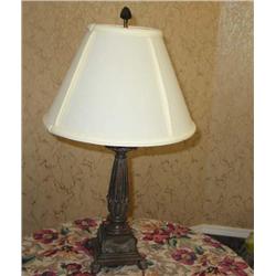 Lamp in bronze finished resin - 29" tall w/ivory silk shade 16" diameter - has an onyx fan final