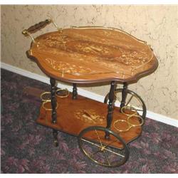 Italian tea cart in brass & inlaid wood w/2 drop leaves & rubber tyred wheels & brass gallery - top 
